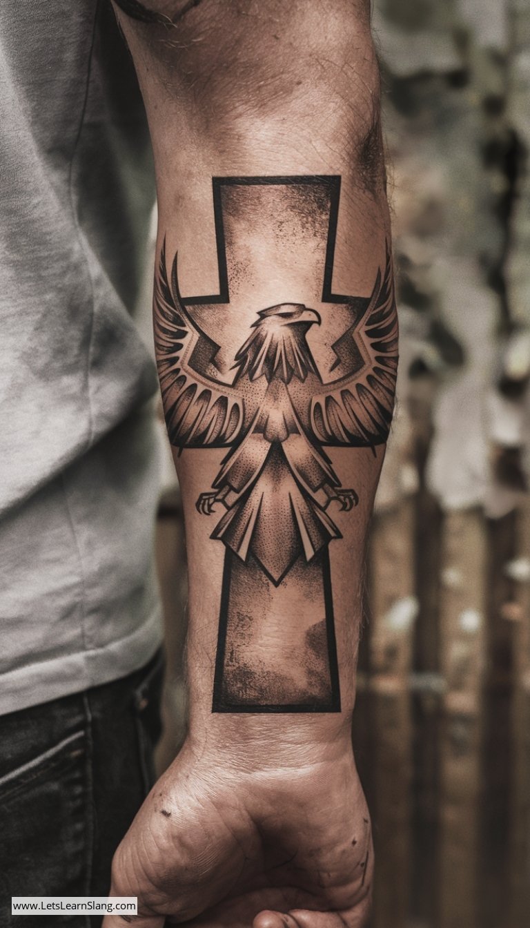 Abstract Eagle and Cross Wrist Tattoo for Men