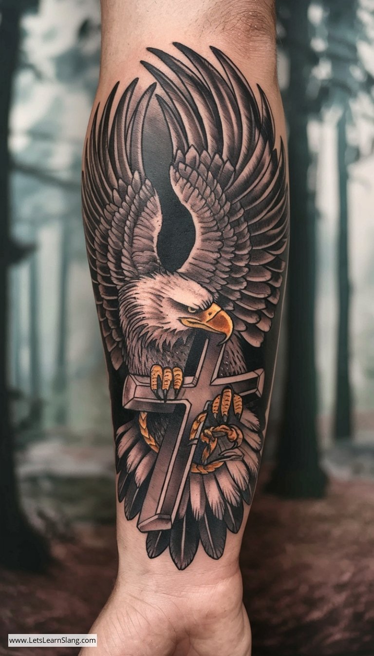 Eagle Clutching Cross Wrist Tattoo for Men