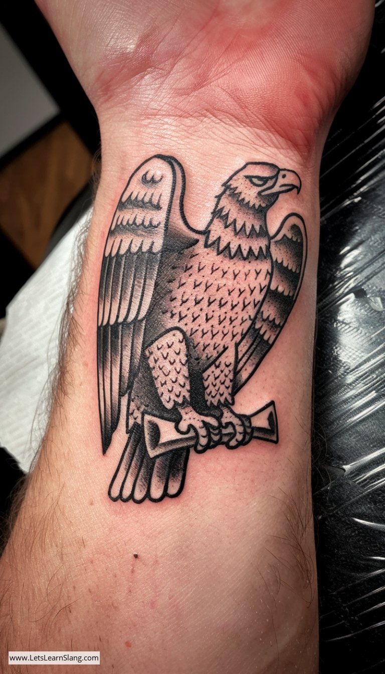 Eagle Perched on Cross Wrist Tattoo