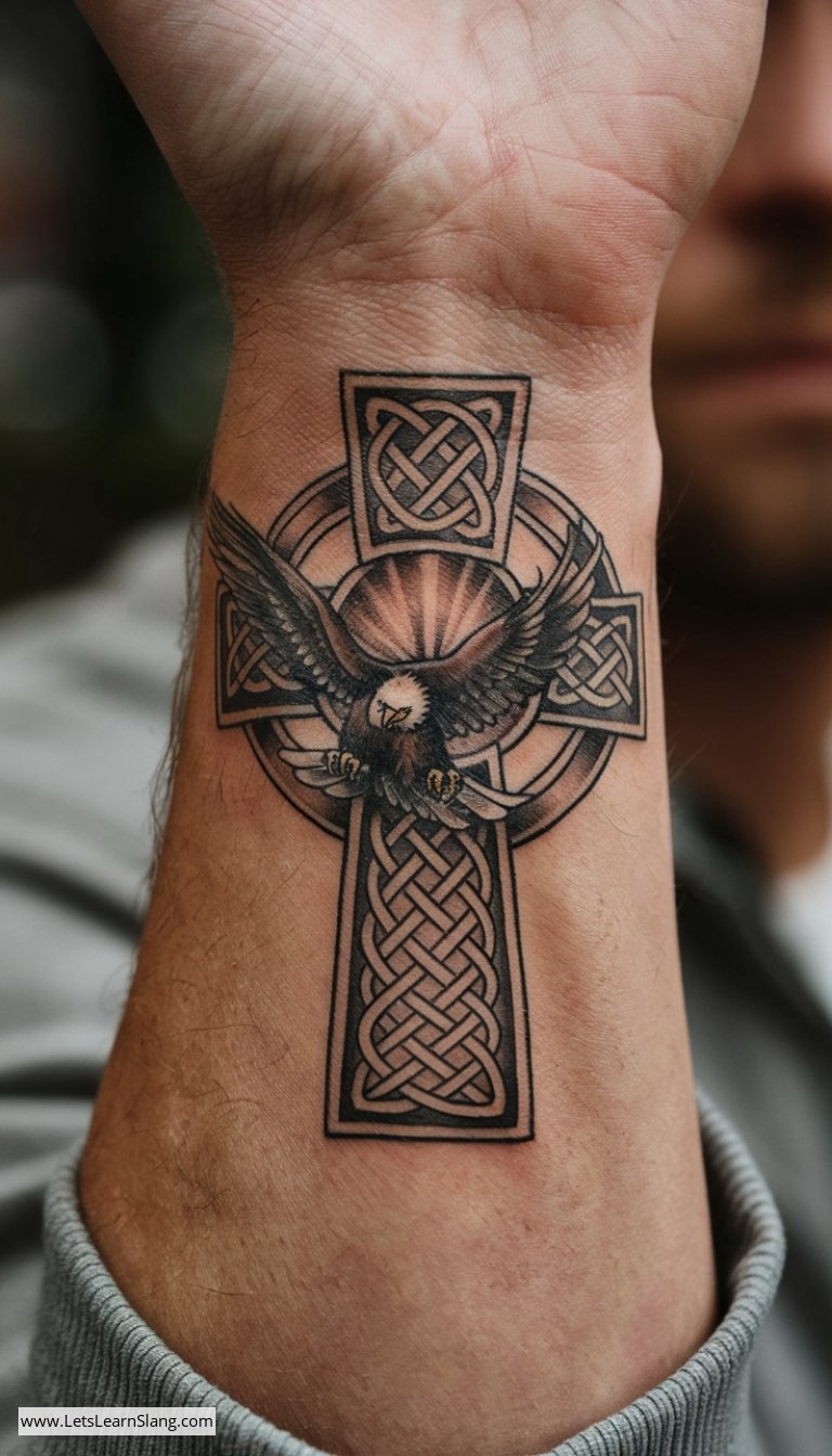 Eagle and Celtic Cross Wrist Tattoo