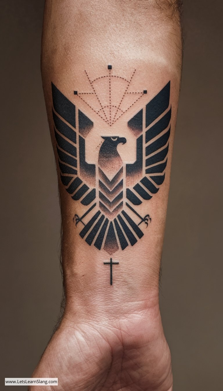 Stylized Eagle and Cross Wrist Tattoo for Men