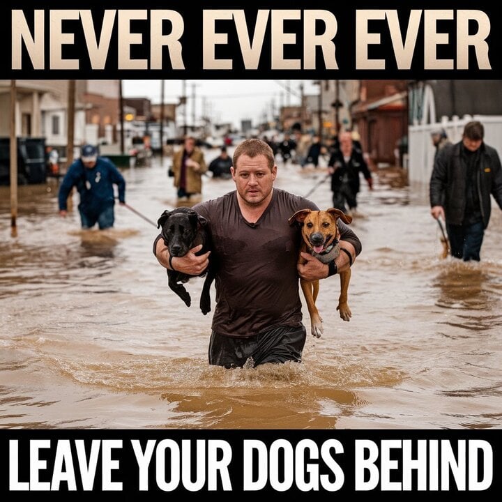 a-man-wading-through-a-flood with his dogs