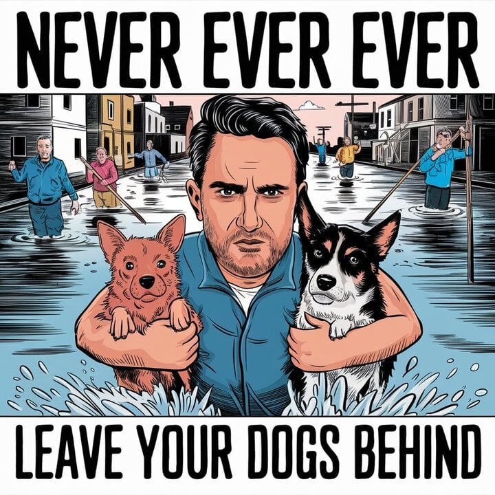 cartoon of man saving dogs from flood