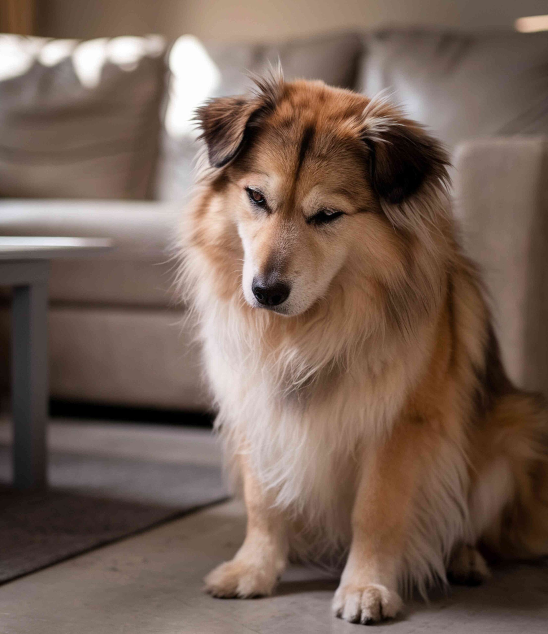 sad dog on the ;living room floor