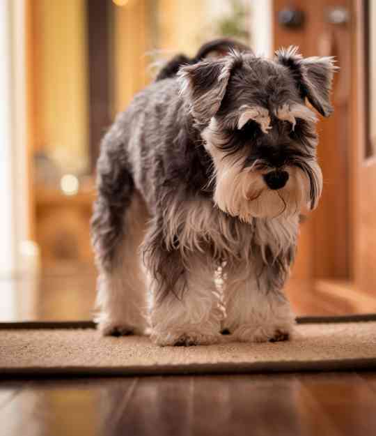 sad scruffy dog in the hallway